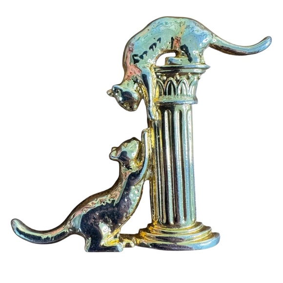 Jewelry - Gold Tone Cat Brooch with Column Design Playful Playing Figural